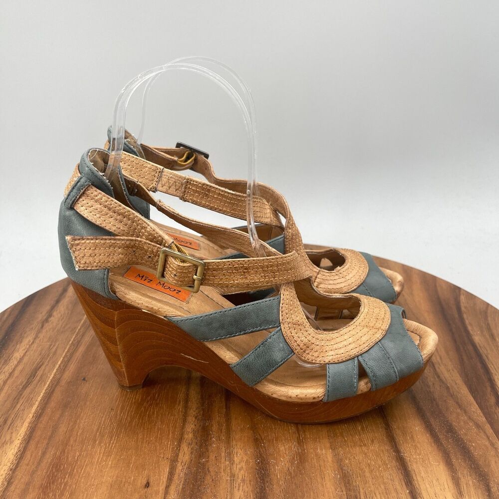 Miz Mooz Petra Sandals Womens Size 7.5 Brown Green Leather Peep Toe High Heel